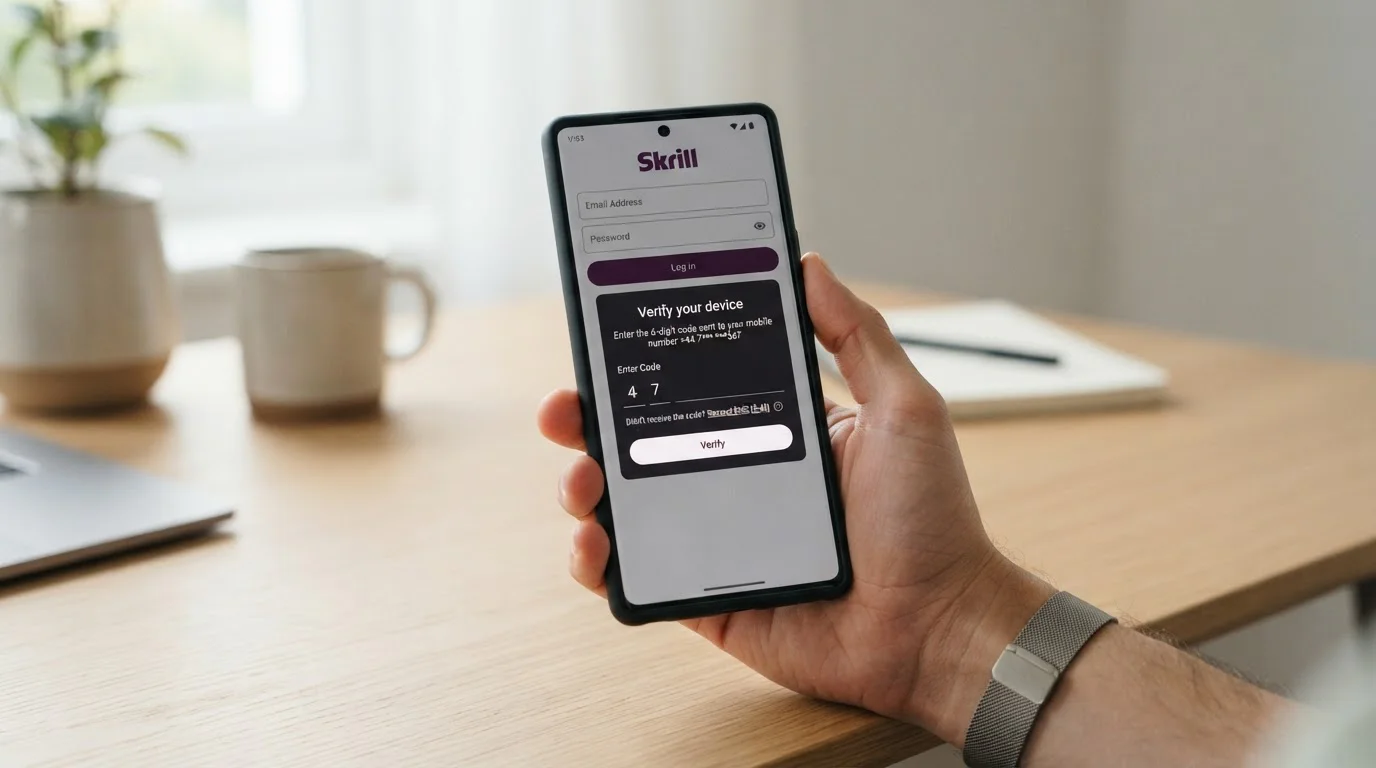Smartphone s Skrill aplikací zobrazující dvou-faktorové ověření