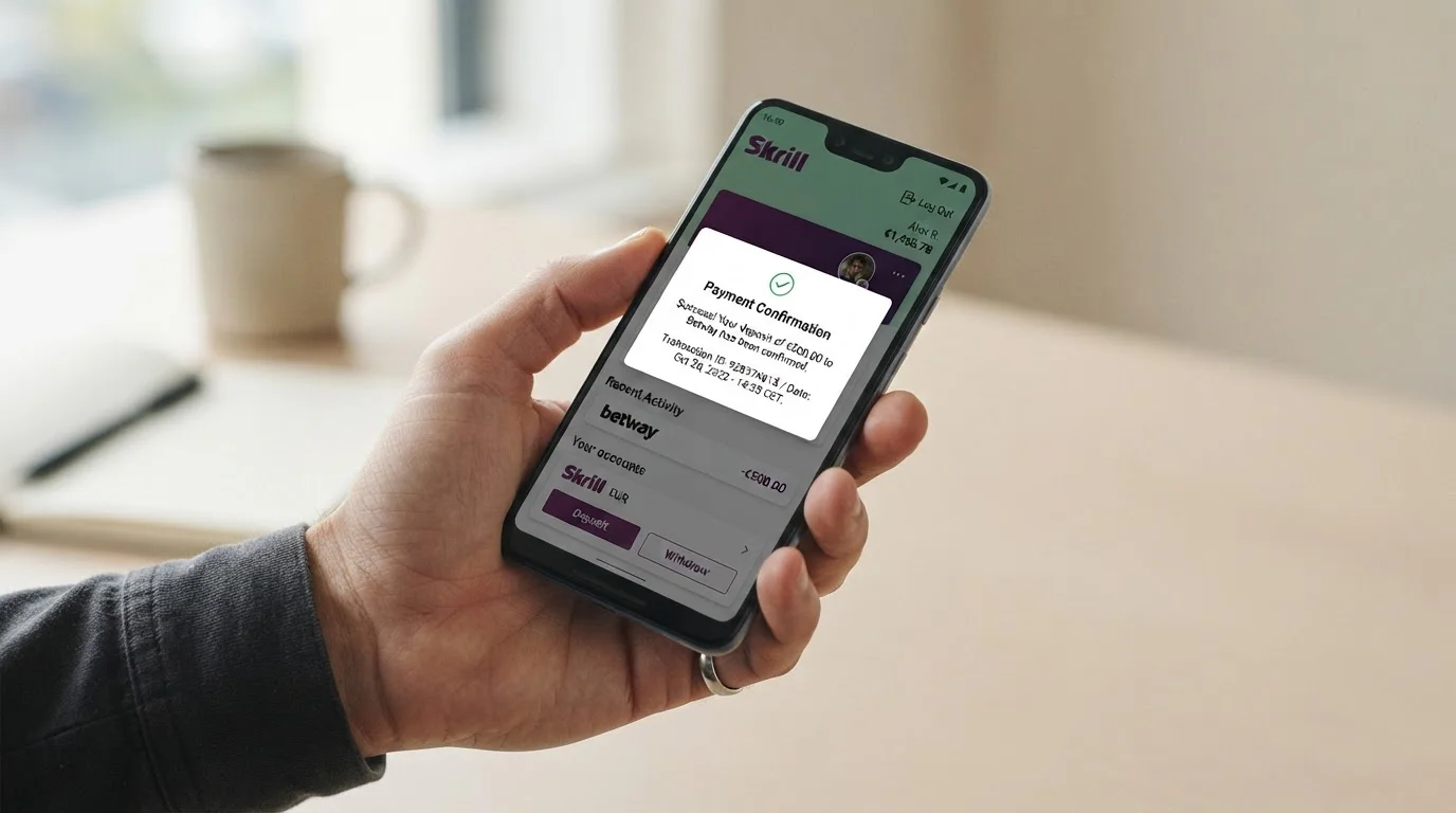 Smartphone s otevřeným Skrill přihlašovacím formulářem a notifikací o vkladu