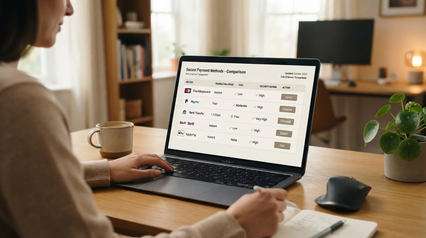 Srovnávací tabulka online kasin na obrazovce laptopu s důrazem na platební metody