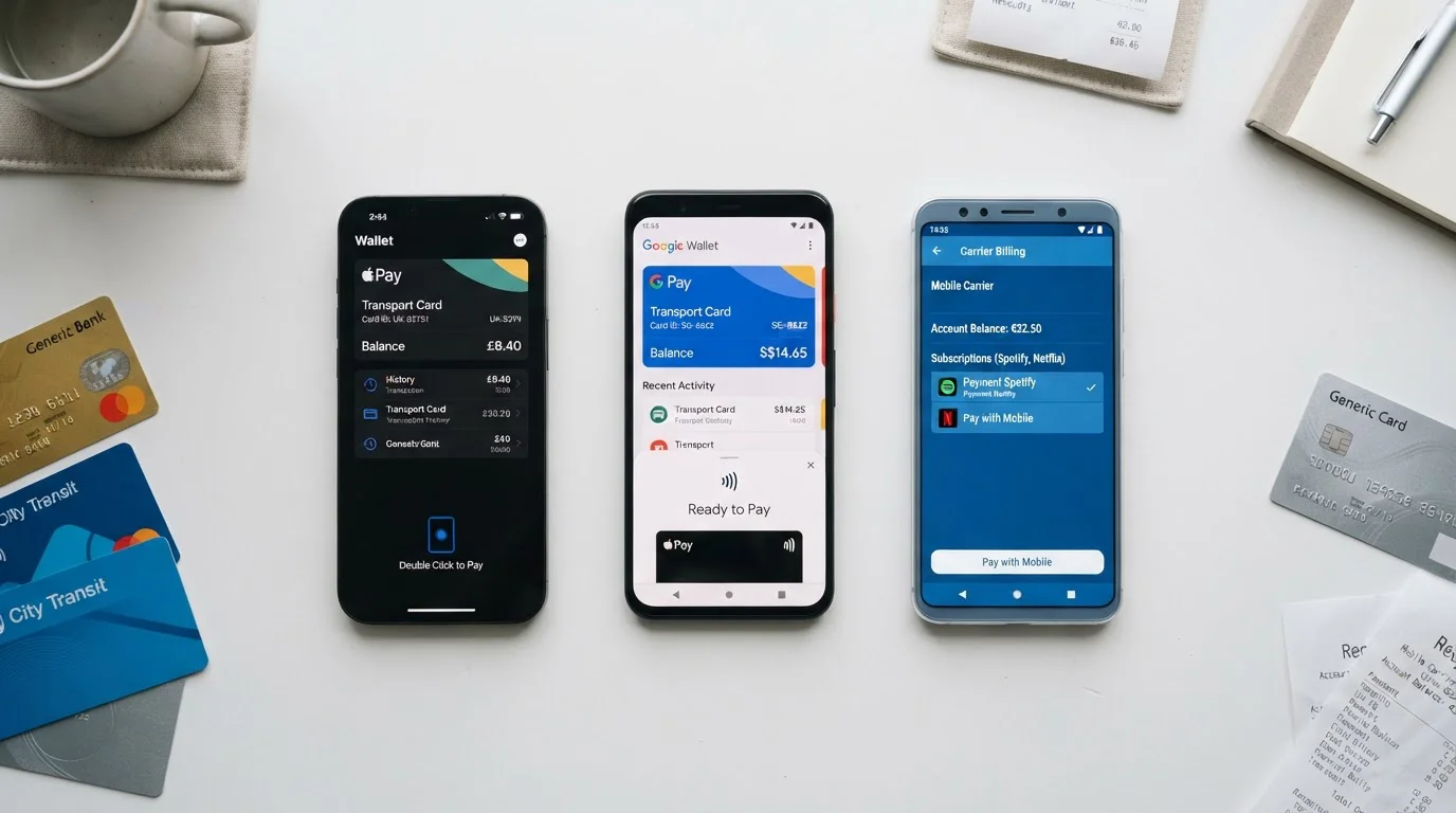 Tři smartphony s různými platebními aplikacemi