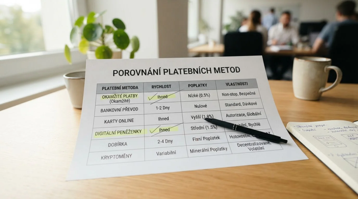 Tabulka srovnávající různé platební metody v online kasinech podle rychlosti a poplatků
