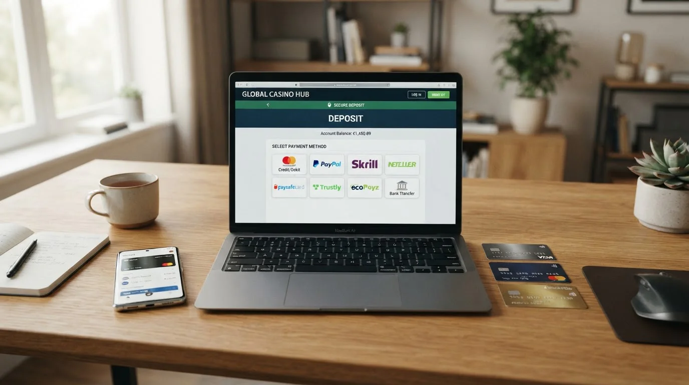 Notebook s mezinárodním kasino rozhraním a platebními kartami