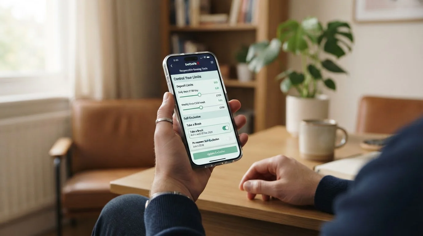 Smartphone s nastavením zodpovědného hraní a limitů vkladu v kasino aplikaci